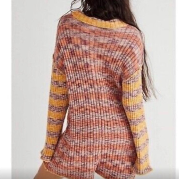 520. Free People Wendy Multicolor Buttons Half Rib Knitted Sweater Romper - Picture 2 of 2